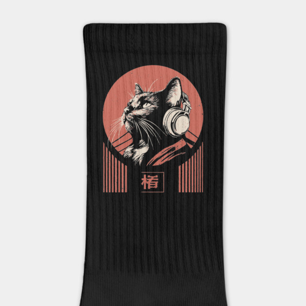 Music Loving Cat Headphones Japanese Retro Lofi Ukiyo-e Art by TuncGK