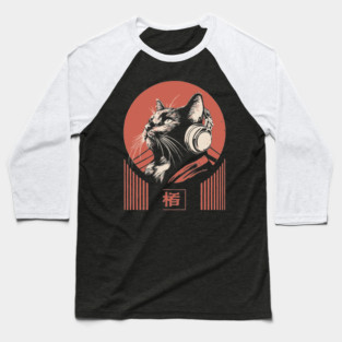 Music Loving Cat Headphones Japanese Retro Lofi Ukiyo-e Art Baseball T-Shirt