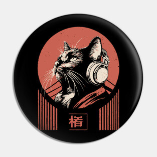 Music Loving Cat Headphones Japanese Retro Lofi Ukiyo-e Art Pin