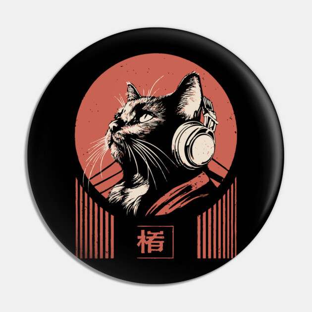 Music Loving Cat Headphones Japanese Retro Lofi Ukiyo-e Art Pin by TuncGK