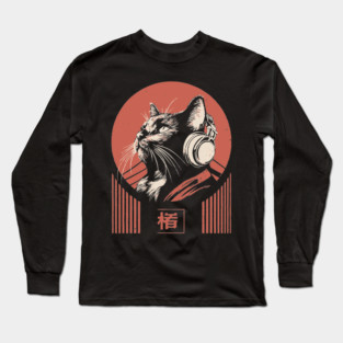 Music Loving Cat Headphones Japanese Retro Lofi Ukiyo-e Art Long Sleeve T-Shirt