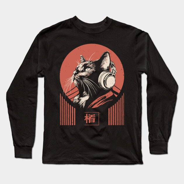 Music Loving Cat Headphones Japanese Retro Lofi Ukiyo-e Art Long Sleeve T-Shirt by TuncGK
