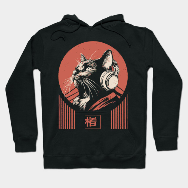 Music Loving Cat Headphones Japanese Retro Lofi Ukiyo-e Art Hoodie by TuncGK