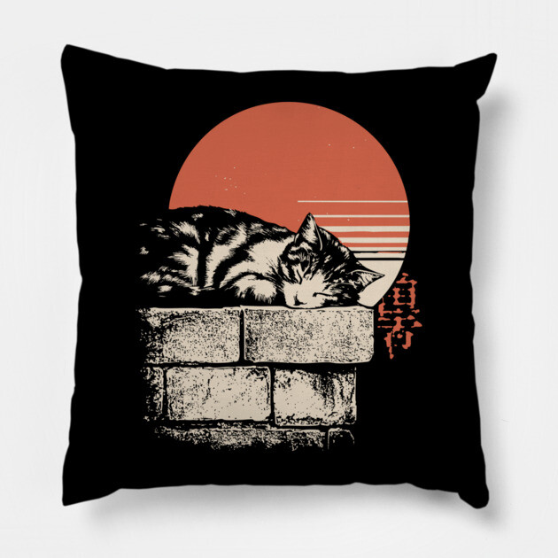Sleepy Cat on Stone Wall Japanese Ukiyo-e Zen Minimalist Art Pillow by TuncGK