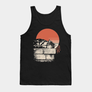 Sleepy Cat on Stone Wall Japanese Ukiyo-e Zen Minimalist Art Tank Top