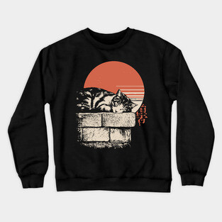 Sleepy Cat on Stone Wall Japanese Ukiyo-e Zen Minimalist Art Crewneck Sweatshirt