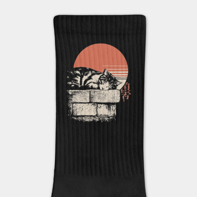 Sleepy Cat on Stone Wall Japanese Ukiyo-e Zen Minimalist Art by TuncGK