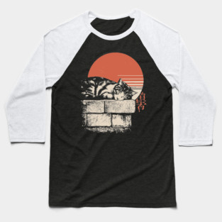 Sleepy Cat on Stone Wall Japanese Ukiyo-e Zen Minimalist Art Baseball T-Shirt