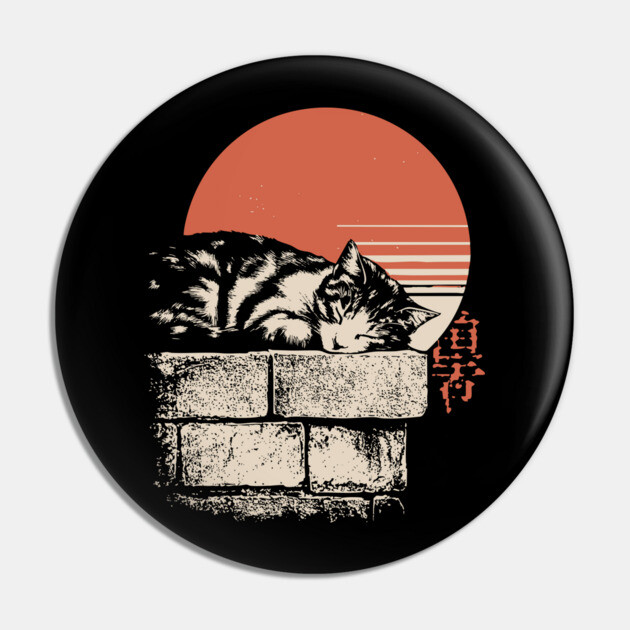 Sleepy Cat on Stone Wall Japanese Ukiyo-e Zen Minimalist Art Pin by TuncGK