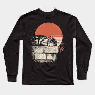 Sleepy Cat on Stone Wall Japanese Ukiyo-e Zen Minimalist Art Long Sleeve T-Shirt