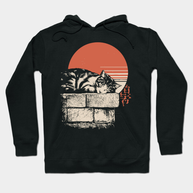 Sleepy Cat on Stone Wall Japanese Ukiyo-e Zen Minimalist Art Hoodie by TuncGK