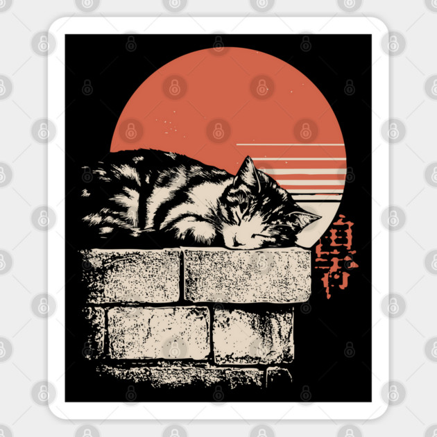 Sleepy Cat on Stone Wall Japanese Ukiyo-e Zen Minimalist Art Sticker by TuncGK