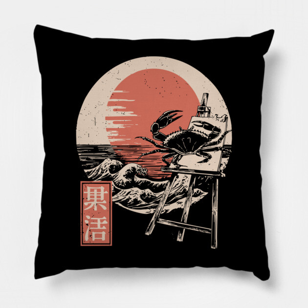 Japanese Crab Sumi-e Style Ocean Creature Ukiyo-e Beach Art Pillow by TuncGK