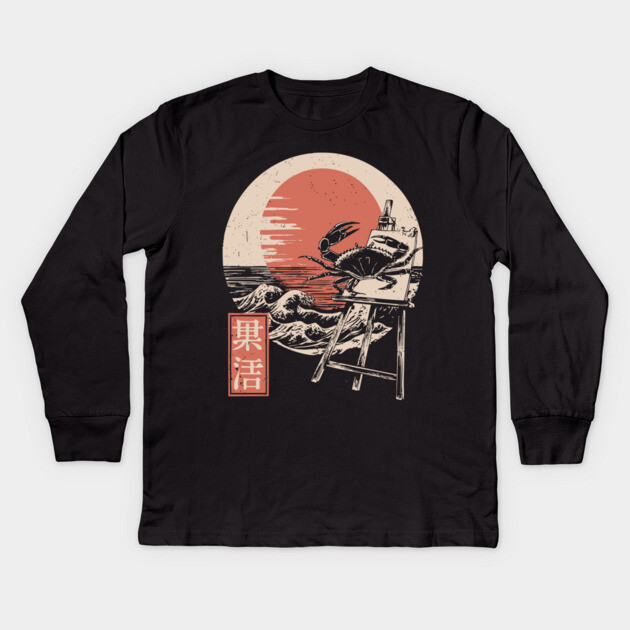 Japanese Crab Sumi-e Style Ocean Creature Ukiyo-e Beach Art Kids Long Sleeve T-Shirt by TuncGK