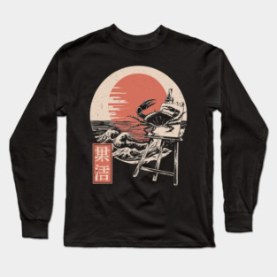 Japanese Crab Sumi-e Style Ocean Creature Ukiyo-e Beach Art Long Sleeve T-Shirt
