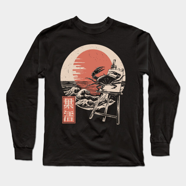 Japanese Crab Sumi-e Style Ocean Creature Ukiyo-e Beach Art Long Sleeve T-Shirt by TuncGK