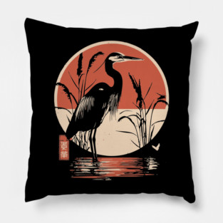 Elegant Crane Bird Sunset Japanese Traditional Ukiyo-e Nature Art Pillow
