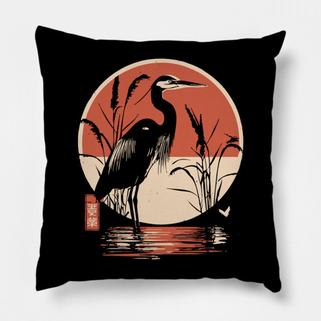 Elegant Crane Bird Sunset Japanese Traditional Ukiyo-e Nature Art Pillow by TuncGK