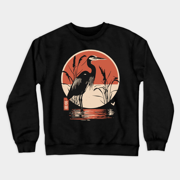 Elegant Crane Bird Sunset Japanese Traditional Ukiyo-e Nature Art Crewneck Sweatshirt by TuncGK