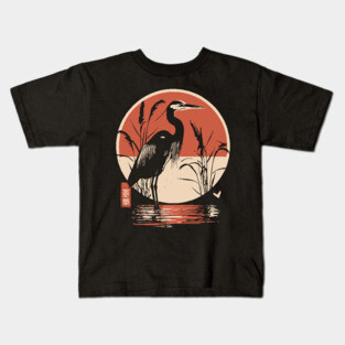 Elegant Crane Bird Sunset Japanese Traditional Ukiyo-e Nature Art Kids T-Shirt