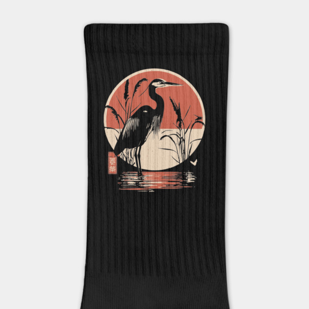 Elegant Crane Bird Sunset Japanese Traditional Ukiyo-e Nature Art by TuncGK