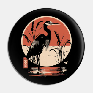 Elegant Crane Bird Sunset Japanese Traditional Ukiyo-e Nature Art Pin