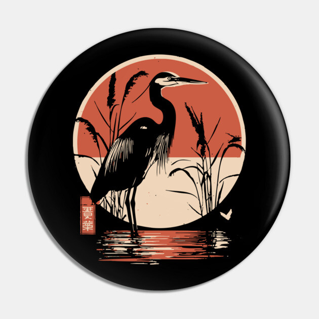 Elegant Crane Bird Sunset Japanese Traditional Ukiyo-e Nature Art Pin by TuncGK