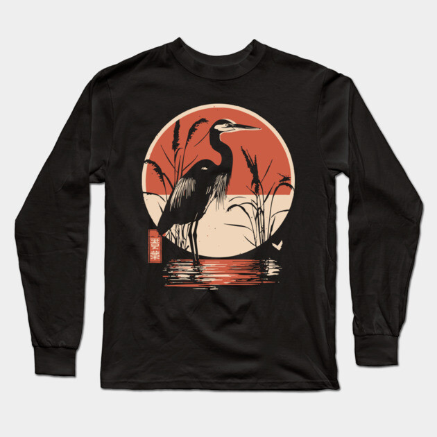 Elegant Crane Bird Sunset Japanese Traditional Ukiyo-e Nature Art Long Sleeve T-Shirt by TuncGK