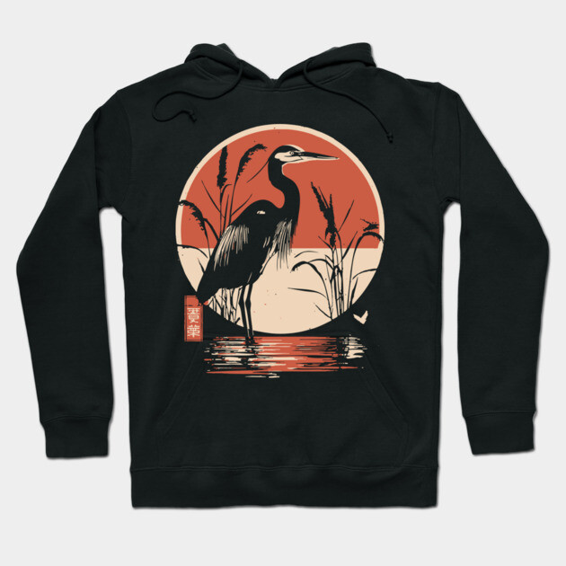 Elegant Crane Bird Sunset Japanese Traditional Ukiyo-e Nature Art Hoodie by TuncGK