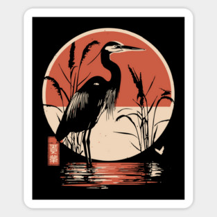 Elegant Crane Bird Sunset Japanese Traditional Ukiyo-e Nature Art Sticker