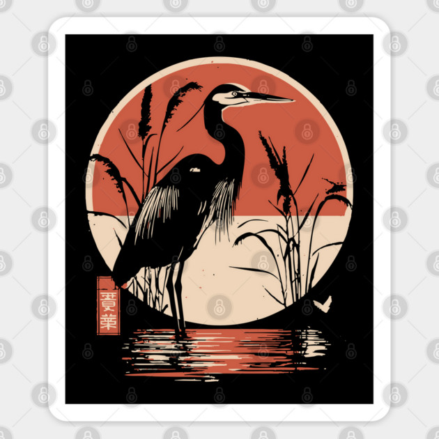 Elegant Crane Bird Sunset Japanese Traditional Ukiyo-e Nature Art Sticker by TuncGK