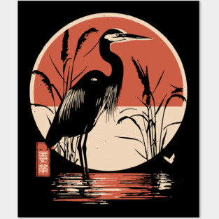 Elegant Crane Bird Sunset Japanese Traditional Ukiyo-e Nature Art Posters and Art