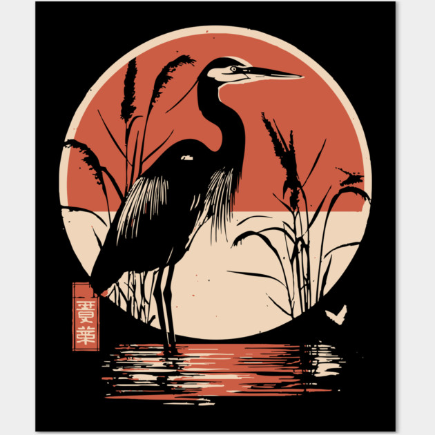 Elegant Crane Bird Sunset Japanese Traditional Ukiyo-e Nature Art Wall Art by TuncGK