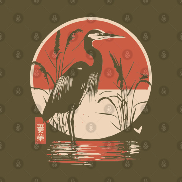 Elegant Crane Bird Sunset Japanese Traditional Ukiyo-e Nature Art by TuncGK