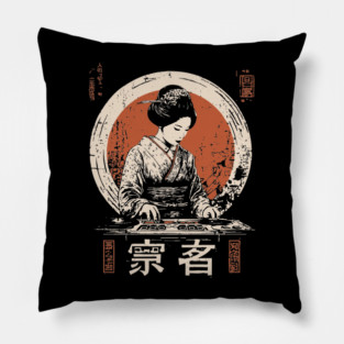 Modern Geisha DJ Turntables Japanese Fusion Electronic Music Art Pillow