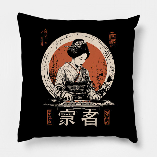 Modern Geisha DJ Turntables Japanese Fusion Electronic Music Art Pillow by TuncGK