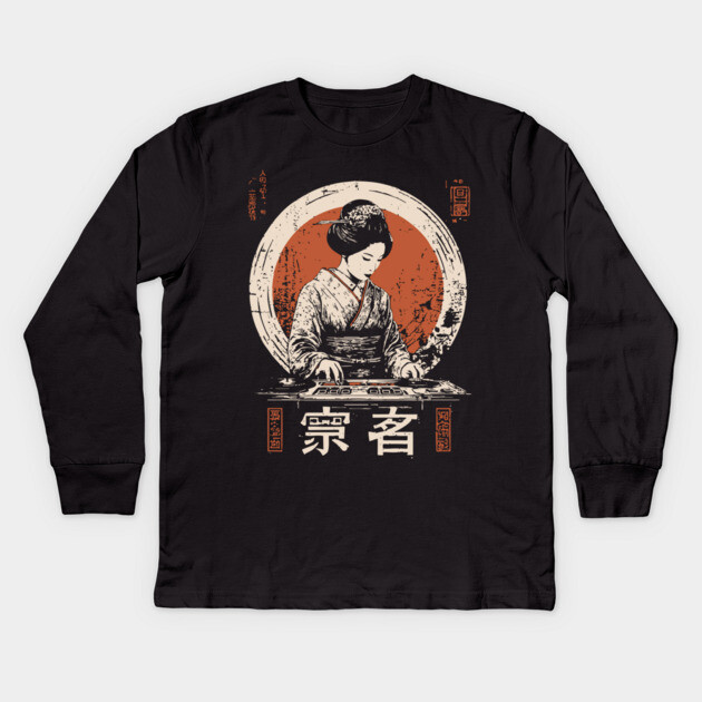 Modern Geisha DJ Turntables Japanese Fusion Electronic Music Art Kids Long Sleeve T-Shirt by TuncGK