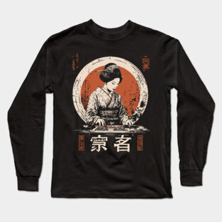 Modern Geisha DJ Turntables Japanese Fusion Electronic Music Art Long Sleeve T-Shirt