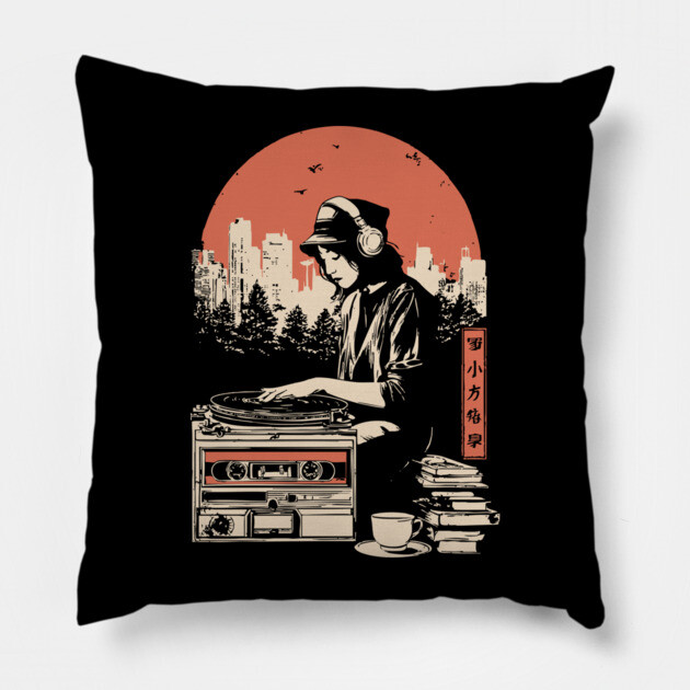 Japanese Wabi Sabi Style - Lo-Fi DJ Girl Retro Art Pillow by TuncGK