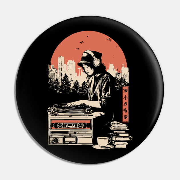 Japanese Wabi Sabi Style - Lo-Fi DJ Girl Retro Art Pin by TuncGK