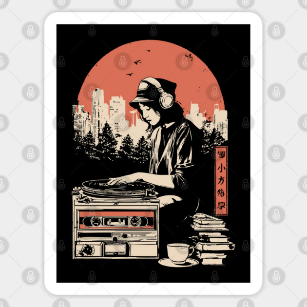 Japanese Wabi Sabi Style - Lo-Fi DJ Girl Retro Art Sticker by TuncGK