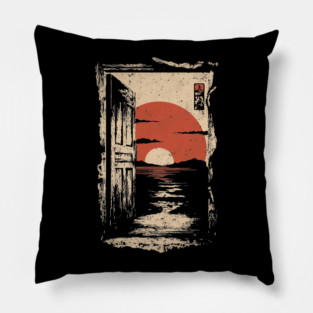 Japanese Door to New Life - Vintage Sunrise Art Pillow