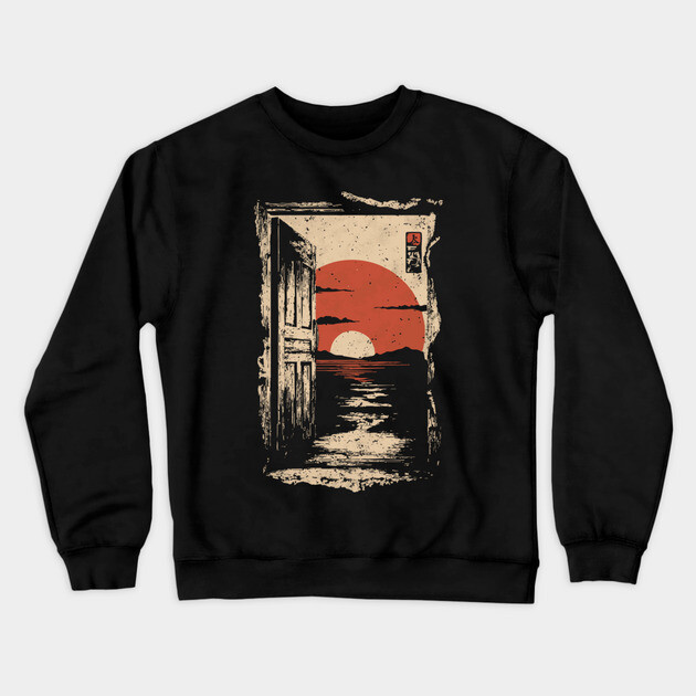 Japanese Door to New Life - Vintage Sunrise Art Crewneck Sweatshirt by TuncGK