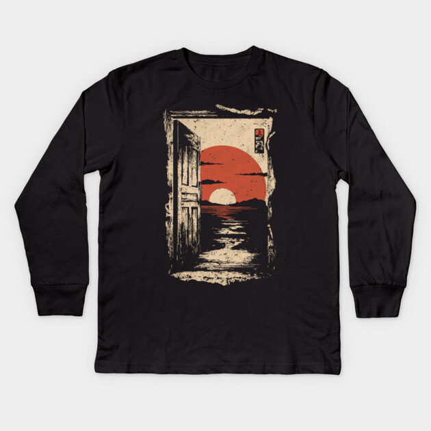 Japanese Door to New Life - Vintage Sunrise Art Kids Long Sleeve T-Shirt by TuncGK