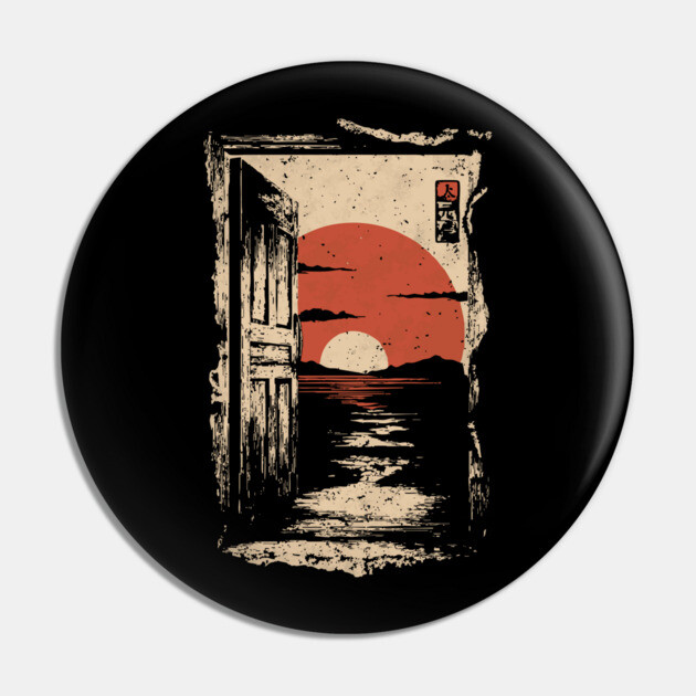 Japanese Door to New Life - Vintage Sunrise Art Pin by TuncGK