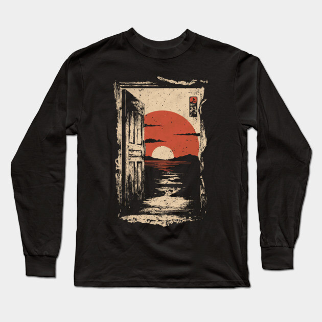 Japanese Door to New Life - Vintage Sunrise Art Long Sleeve T-Shirt by TuncGK