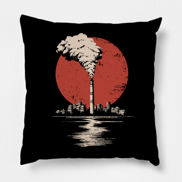 Vintage Japanese Industrial Factory - Retro Smoke Art Pillow by TuncGK