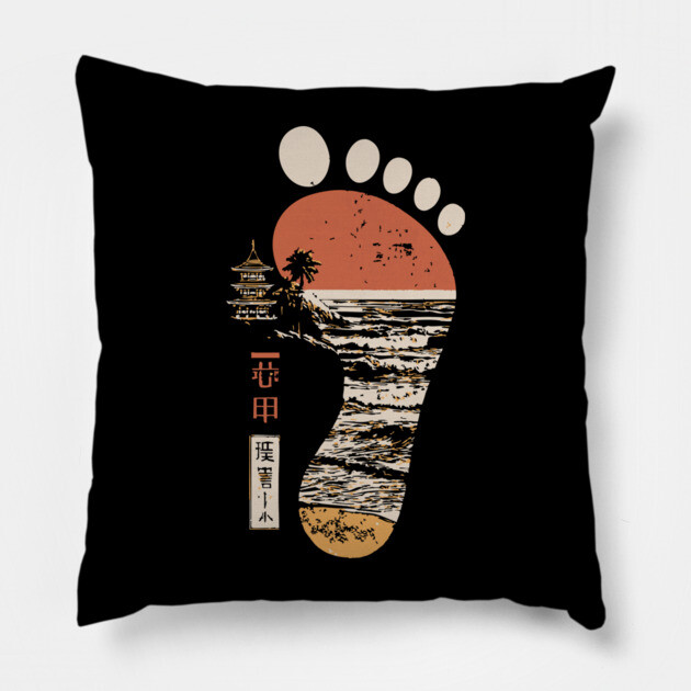 Japanese Footprint Journey - Vintage Coastal Pagoda Art Pillow by TuncGK