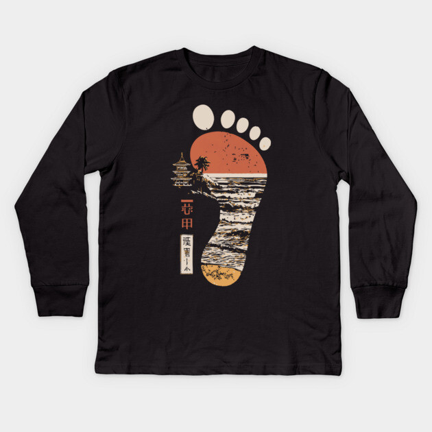Japanese Footprint Journey - Vintage Coastal Pagoda Art Kids Long Sleeve T-Shirt by TuncGK