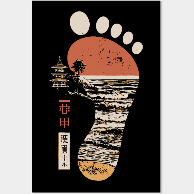 Japanese Footprint Journey - Vintage Coastal Pagoda Art Wall Art by TuncGK